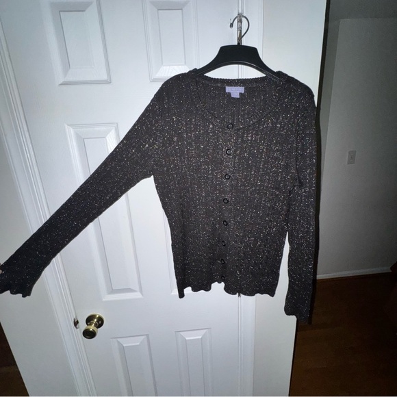 LAURA SCOTT Women's Large Black Metallic Sparkle Cardigan Sweater V-Neck Button - Picture 10 of 16